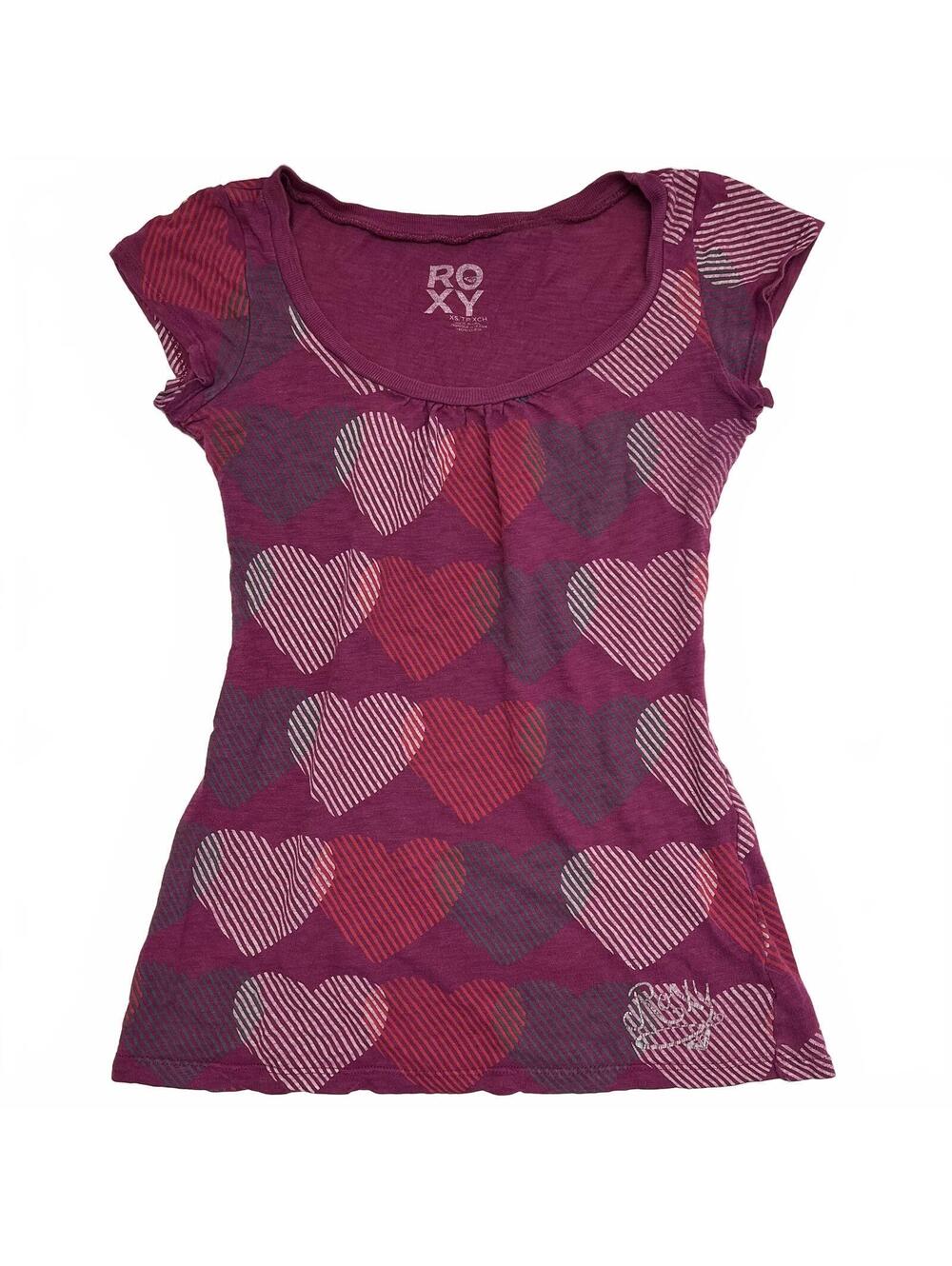 Vintage Roxy Usa Made Pink Purple Hearts Print Scoop Neck Short Sleeve Top XS